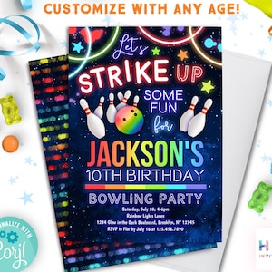 Plantilla Corjl para invitación de bolos para niños / Vamos a empezar a divertirnos con la invitación de fiesta de cumpleaños de bolos para niños / Invitación de bolos con brillo de neón de arcoíris imagen 1