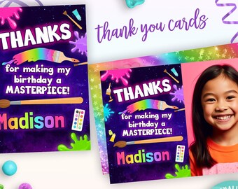 May include: Editable thank you card template with a colorful paint splatter design. The card says "Thanks for making my birthday a masterpiece!" and includes a space for a photo. The text "Madison" is included on the card. The card is available in 5x7 and 4x6 sizes.