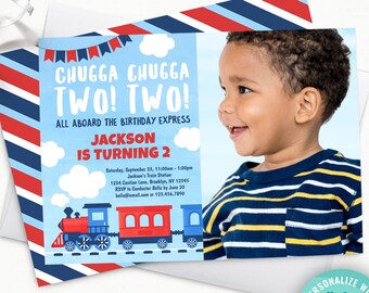 boys train theme 2nd birthday party invitation editable template with a photo | chugga chugga choo choo railroad second birthday invite