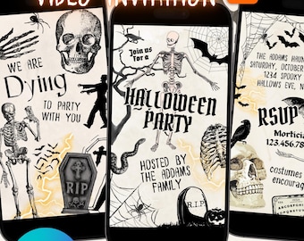 May include: Three smartphone screens displaying Halloween party invitations. The invitations feature skeletons, skulls, bats, and tombstones. Text includes "Halloween Party," "RSVP," and "We are Dying to Party with You." The Canva logo is visible.