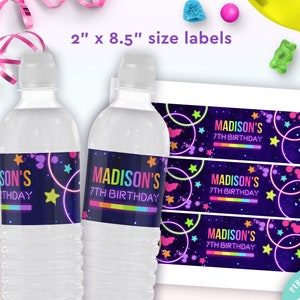 neon glow party water bottle labels editable template | glow crazy birthday party theme water bottle wraps | 2" x 8.5" size