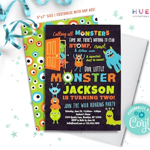 monster 2nd birthday invitation instant download | boys cute little monster second birthday party invitation | orange blue & lime green
