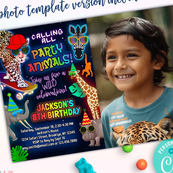 boys party animal birthday invitation with a photo | cute safari party animals picture invite for boy | zoo animals birthday invitation