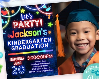 kindergarten graduation invitation editable template | rainbow glow end of the school year celebration invite for boys and girls