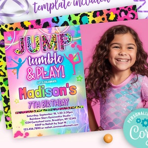 rainbow leopard gymnastics party invitation editable template | jump tumble & play gymnastics theme birthday invite for girl