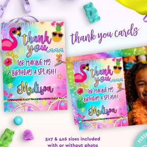 rainbow pool party thank you cards editable template | girls summer swim party birthday thank you cards with flamingo and pineapple
