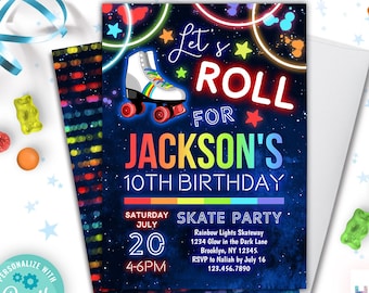 boys roller skating birthday invitation editable instant download | let's roll roller skate party invitation | boys / girls neon glow invite