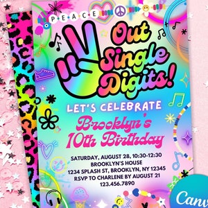 groovy peace out single digits 10th birthday invitation | rainbow double digits party invite for girl | Canva template to print, text, email
