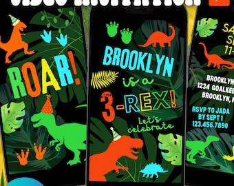 May include: A digital video invitation for a dinosaur themed birthday party. The invitation features a green, yellow, and orange dinosaur with a party hat on a black background with green leaves. The text on the invitation reads "Brooklyn is a 3-Rex! Let's celebrate" and includes the date, time, and location of the party. The text "All text is editable" is at the bottom of the image.