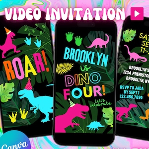 Pink Dino-Four Birthday Party VIDEO Invitation for Girls | Easy Girly Dinosaur Theme 4th Birthday Invite Editable with Canva