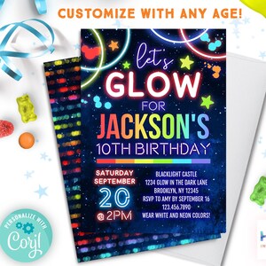 glow party invitation boy Corjl template | neon glow in the dark party boys birthday invitation EDITABLE TEMPLATE | rainbow stars space