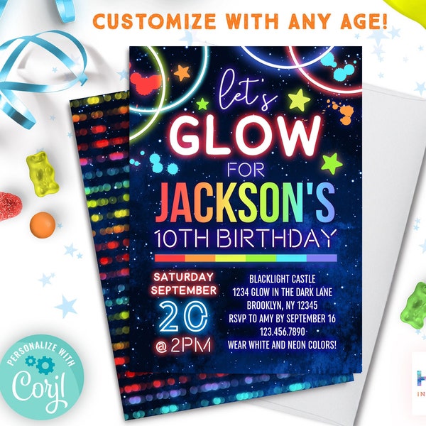 glow party invitation boy instant download | neon glow in the dark party boys birthday invitation EDITABLE TEMPLATE | rainbow stars space