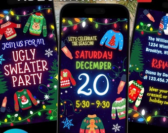 May include: Three smartphones displaying Christmas-themed video invitations. The invitations feature festive ugly sweater designs, text that reads "Ugly Sweater Party", and event details. The background includes Christmas lights and greenery.