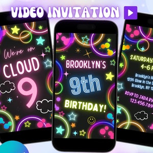 Puede incluir: Tres smartphones que muestran una invitación de cumpleaños con temática de neón. Las invitaciones presentan estrellas y círculos coloridos, así como el texto "We're on Cloud 9", "Brooklyn's 9th Birthday!" y los detalles del evento. El logotipo de Canva y "All Text is Editable" también son visibles.