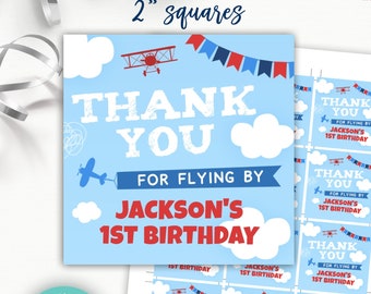 airplane birthday party favor tags editable on Corjl | boys plane 1st birthday thank you tag editable templates | blue red and white