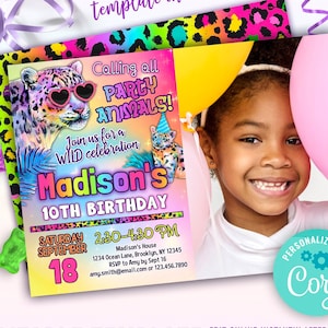 cute leopard party animal birthday invitation for girls with a photo | neon rainbow safari leopard party photo invite editable template