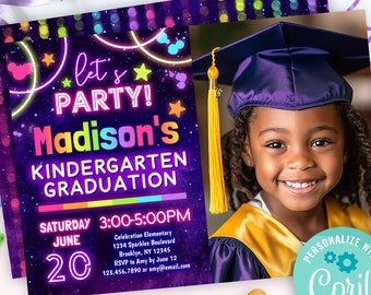 kindergarten graduation party invitation with a photo | cute & colorful kindergarten stepping up ceremony invite template for girls and boys