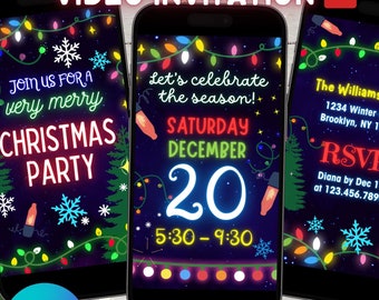 Christmas party VIDEO invitation editable with Canva | colorful lights and snowflakes Christmas invite for text and email