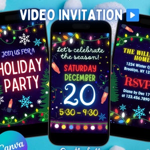 Peut inclure: Trois smartphones affichant une invitation de fête de fin d'année. Les invitations présentent du texte festif, dont "Holiday Party", "Samedi 20 Décembre", et les détails RSVP. Le design comprend des guirlandes lumineuses, des flocons de neige et un logo Canva.
