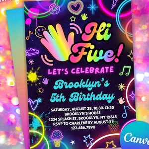 rainbow hi five 5th birthday invitation | neon high five party invites for girl | Canva template to print, text, email