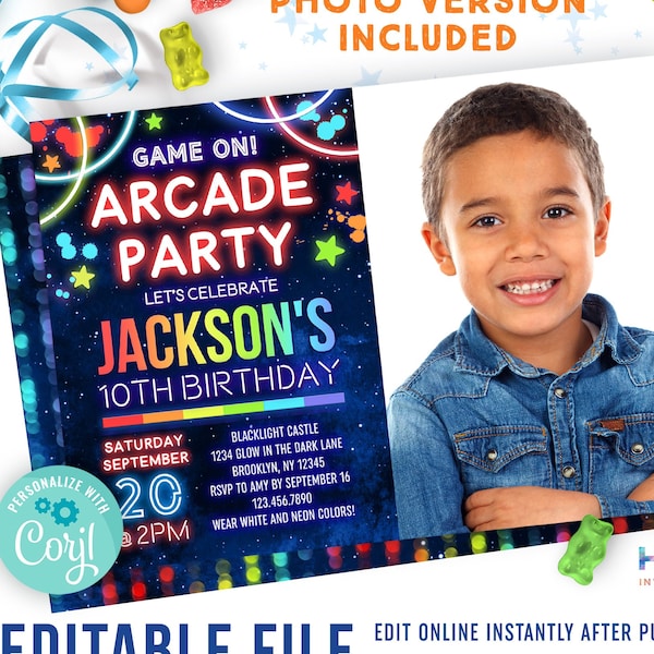 editable arcade games birthday party invitation with a photo | neon glow classic arcade video games party invite template for boy or girl