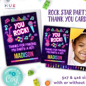 rock star party thank you cards instant download | you rock music birthday thank you card editable templates for girl or boy