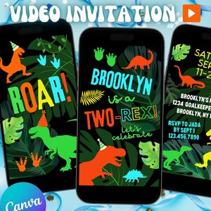 Puede incluir: Una invitación de video para una fiesta de cumpleaños con temática de dinosaurios. La invitación presenta un dinosaurio verde y amarillo con un gorro de fiesta, un dinosaurio verde y naranja y un dinosaurio amarillo. El texto en la invitación dice "Roar! Brooklyn is a Two-Rex! Let's celebrate" y "Sábado 12 de septiembre 11-2 PM Casa de Brooklyn 1234 Goalkeeper Grove Brooklyn, NY 12345 RSVP a Jada antes del 1 de septiembre 123.456.7890".