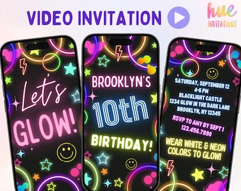 glow party birthday VIDEO invitation for kids | neon glow in the dark theme animated invite | text, email or post online