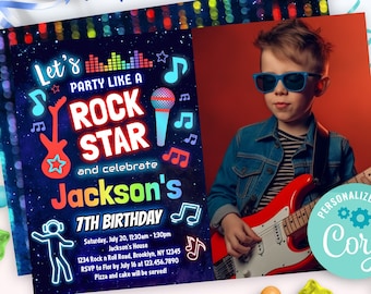 invitation de fête d'anniversaire rock n roll pour garçon | invitation thème rock star arc-en-ciel | faire la fête comme un modèle modifiable d'invitation de rock star