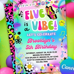 five is a vibe 5th birthday invitation | groovy 5th birthday invites for girls | retro butterfly & smiley face fifth birthday template
