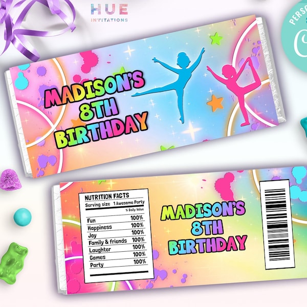 chocolate bar wrappers for girls rainbow gymnastics birthday party | jump tumble and play birthday candy bar labels