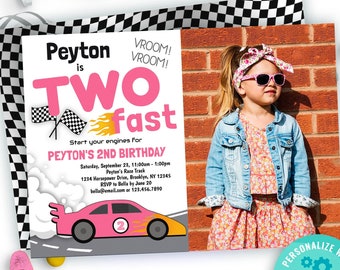 pink race car TWO fast 2nd birthday photo invitation template | girls 2 fast party theme birthday invite | edit online | print text email