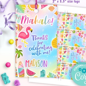 aloha luau birthday party favor tags | rainbow mahalo birthday thank you tag printable templates | cute Hawaiian theme party tags for kids