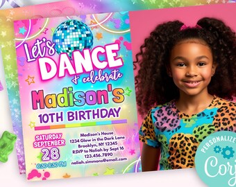 May include: A colorful birthday party invitation with a disco ball and stars. The invitation says "Let's Dance + Celebrate Madison's 10th Birthday". The invitation is for a party on Saturday, September 28th from 6:30-8:30 PM. The invitation includes the address, RSVP information, and a photo of a girl.