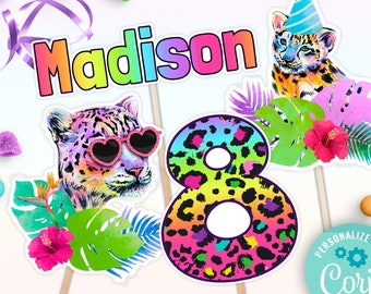 rainbow leopard party centerpieces | girls cheetah print party animals birthday cake topper | colorful party animals table decorations