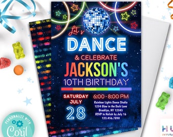 boys glow dance party birthday invitation instant download | rainbow disco ball birthday editable invitation | girls or boys template