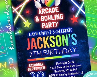 boys arcade bowling birthday party editable invitation template | rainbow glow bowling and arcade games birthday party invite for girl / boy
