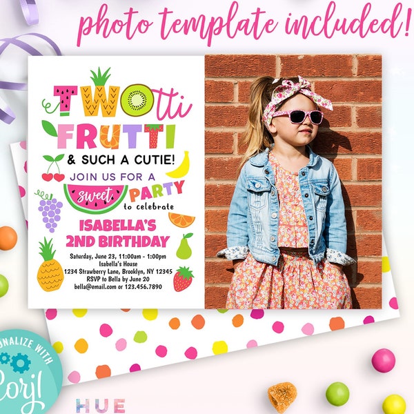 editable TWOtti frutti 2nd birthday invitation with a photo | cute summer fruit twotti fruity party invite online template