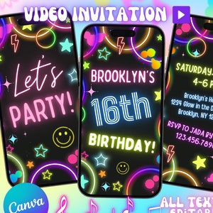 16th birthday VIDEO invitation editable with Canva | neon teen birthday party invite for text and email