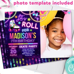 glow roller skate birthday party invitation with photo | neon disco roller skating party invite editable template | blacklight skating party