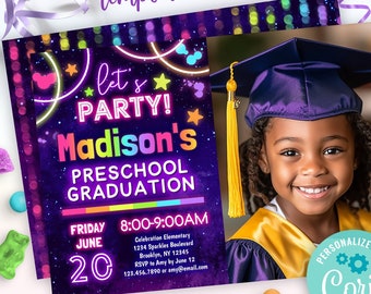 May include: A purple and black invitation with neon lights and stars. The text reads "Let's Party! Madison's Preschool Graduation" with the date and time of the event. A photo of a young girl in a purple graduation cap is in the background.
