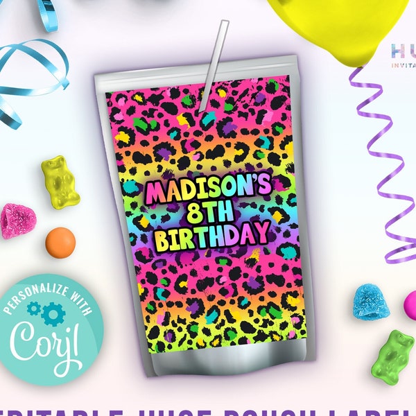 rainbow leopard party juice pouch labels editable template | girls neon rainbow leopard print birthday juice label | instant download