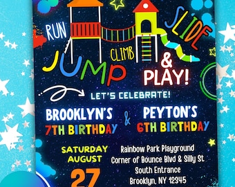 May include: A colorful birthday party invitation with a black background and stars. The invitation features a cartoon playground with a slide, a climbing structure, and a swing set. The text on the invitation reads "Let's Celebrate! Brooklyn's & Peyton's 7th Birthday & 6th Birthday. Saturday August 27 1:30-3:30pm. Rainbow Park Playground Corner of Bounce Blvd & Silly St South Entrance Brooklyn, NY 12345 RSVP to Lila by Aug 23 or 123.456.7890. Editable Template."