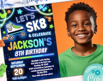 boys skate party invitation with a photo | SK8 & celebrate roller skating birthday invite with space for a picture | editable template