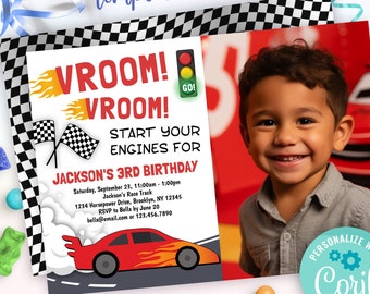 May include: A birthday party invitation template with a race car theme. The invitation features the text "VROOM!" and "START YOUR ENGINES FOR JACKSON'S 3RD BIRTHDAY". Includes a photo of a smiling child and the text "EDITABLE TEMPLATE".