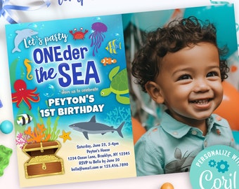 ONEder la ęr invitation d'anniversaire de la mer | sous la mer première invitation de fête d'anniversaire pour garçon ou fille | thème des animaux de l'océan 1er anniversaire