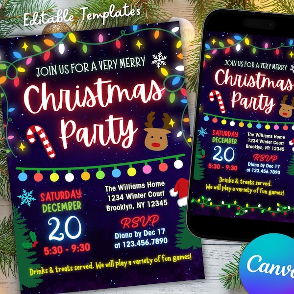 Einladung zur Weihnachtsfeier bearbeitbar mit Canva | Einfach zu bearbeitende Weihnachtsfeier-Flyer und Vorlagen für mobile Einladungen