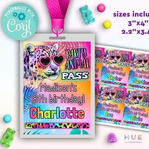 rainbow leopard party animal pass for lanyards | wild safari theme birthday VIP pass party favor | rainbow name lanyards for girls birthday