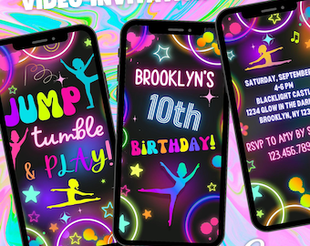 May include: A digital video invitation for a 10th birthday party with a neon glow theme. The invitation features a silhouette of a gymnast in a neon pink, blue, and green color scheme. The text on the invitation reads "Brooklyn's 10th Birthday!" and "Jump, Tumble & Play!"