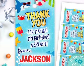 pool party favor tags printable template | shark pool party thank you tag for kids birthday